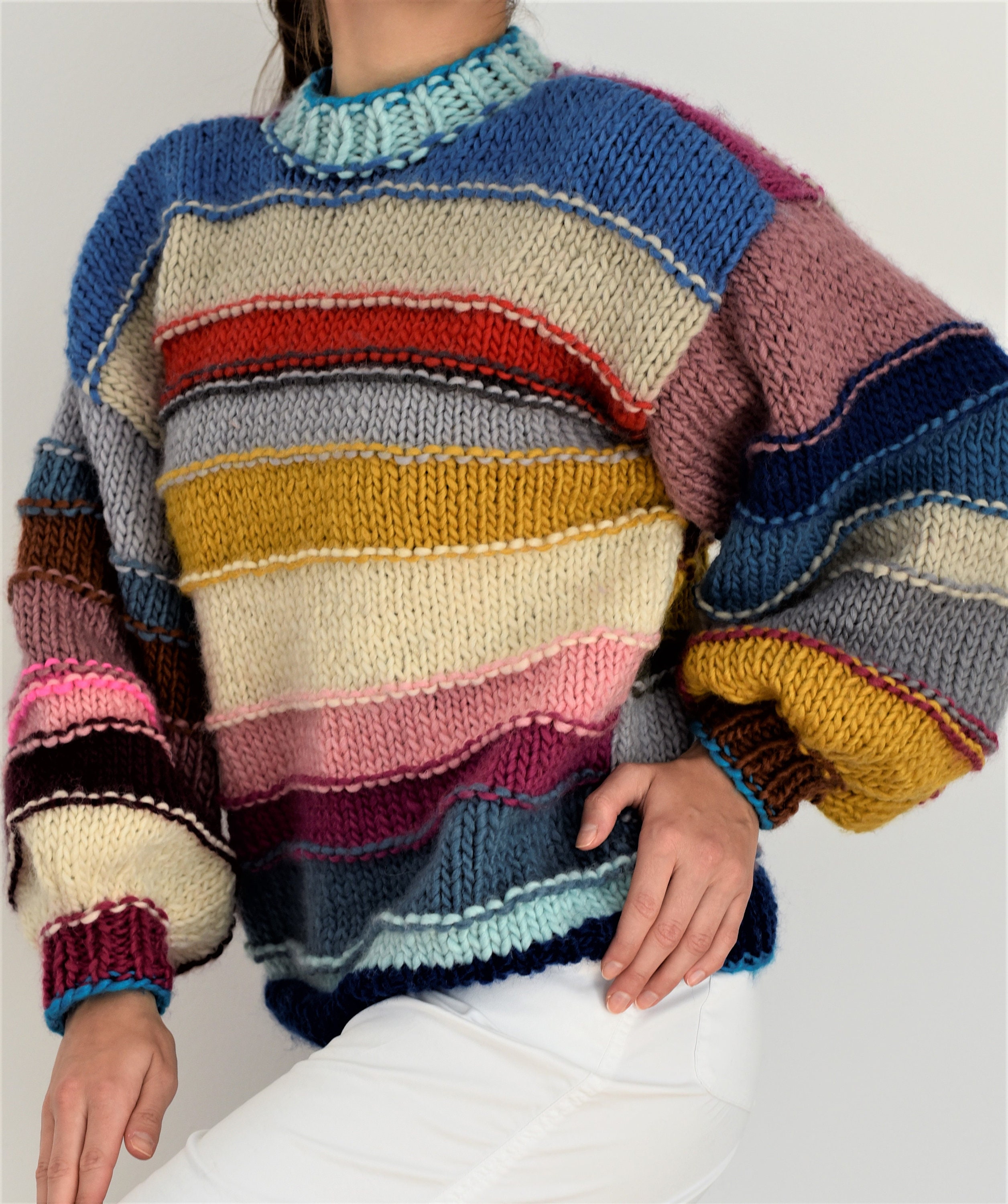 TO ORDER Wool Sweater,hand Knit Sweater,wool Knit Cardigan,multicolor ...