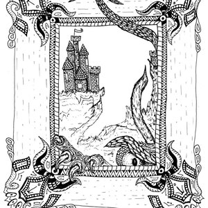 K&ouml;nnte beinhalten: Eine Schwarzwei&szlig;illustration eines Schlosses, das von einem dekorativen Rahmen mit einem gro&szlig;en Auge umrahmt wird, das hinter dem Schloss hervorlugt.
