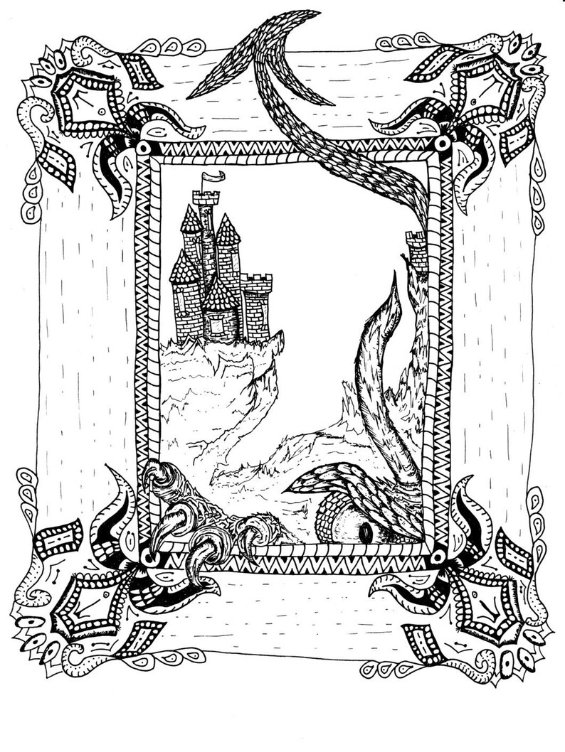K&ouml;nnte beinhalten: Eine Schwarzwei&szlig;illustration eines Schlosses, das von einem dekorativen Rahmen mit einem gro&szlig;en Auge umrahmt wird, das hinter dem Schloss hervorlugt.