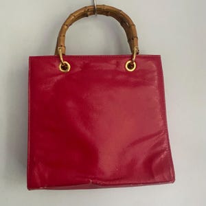 Giorgio Beverly Hills True Vintage Bamboo Double Handles Handbag Purse Red Faux Leather Square