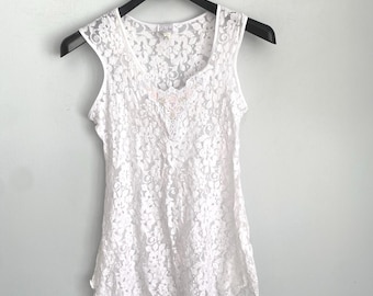 Vintage White Lace Chemise Slip: Stretch Knit Bodycon Nightie, Size Small