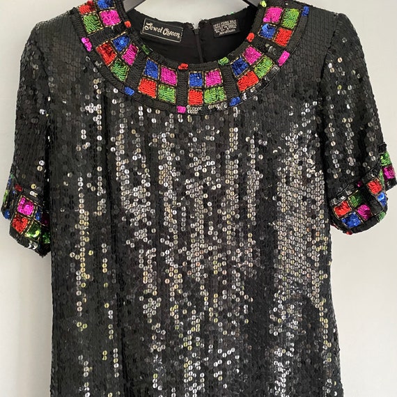 Queen Jewel Vintage 80s 100% Silk Black Full Sequ… - image 7
