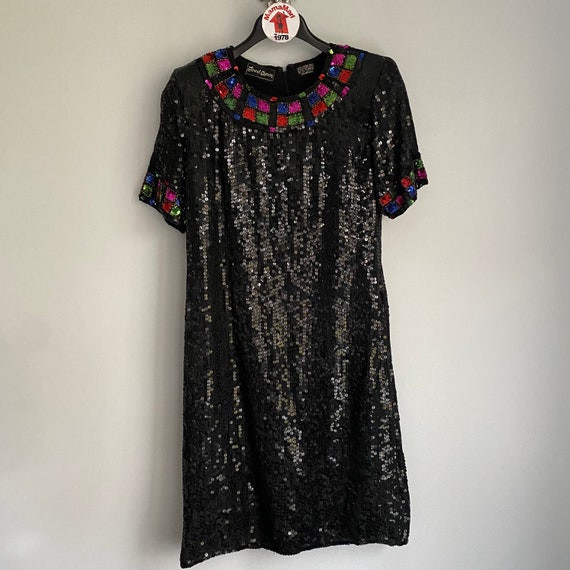 Queen Jewel Vintage 80s 100% Silk Black Full Sequ… - image 1