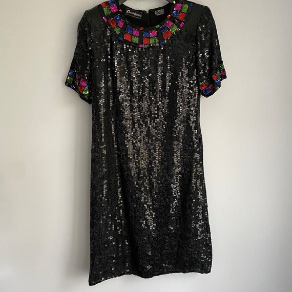Queen Jewel Vintage 80s 100% Silk Black Full Sequ… - image 2