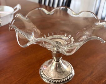 Vintage MCM Sterling Silver Weighted Pedestal Glass Compote Bowl Candlestick Holder Rogers