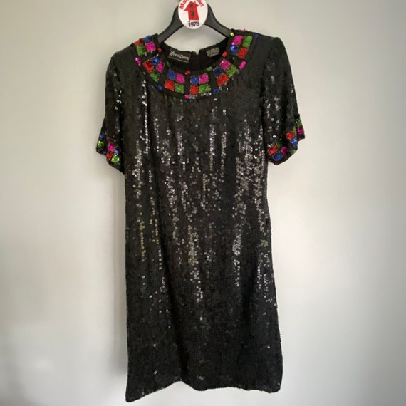 Queen Jewel Vintage 80s 100% Silk Black Full Sequ… - image 10