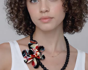 Murano Glass Necklace | Black Matte Beads & red Flower Pendant | Venetian Handmade Jewelry | Elegant Gift
