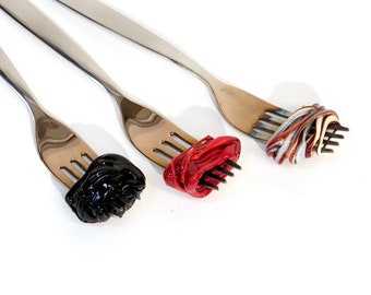 Set of three  fork with glass spaghetti made in Murano by Cesare Sent original made in Italy funny work of art handmade crafts object