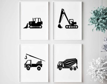 Set of 4 Black and White Construction Truck Prints for Boy Nursery Decor, Transportation Wall Art Instant Download