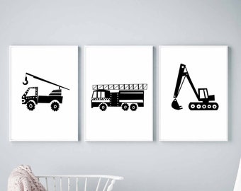 Set of 3 Truck Prints Featuring Fire Truck Engine Print in Black and White For Toddler Boy Room Decor, Transportation Decor Instant Download