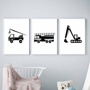 Set of 3 Truck Prints Featuring Fire Truck Engine Print in Black and White For Toddler Boy Room Decor, Transportation Decor Instant Download