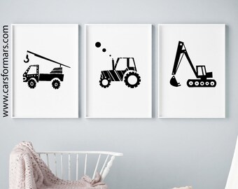 Traktor Druck, Bagger Druck und Schlepper Truck Print, Set in schwarz weiß für Kleinkind Zimmer Dekor, Sofortiger Download
