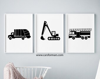 DIGITAL FILE Baustelle Lkw Drucke für JungenZimmer in schwarz weiß mit Müllwagen Druck Feuerwehr Druck Bagger Druck