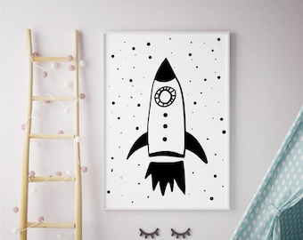DIGITALE DATEI Rakete Schiff Druck in schwarz weiß für Kleinkind Jungen Raum Dekor, Raum Thema Kinderzimmer Transport Wand Dekor