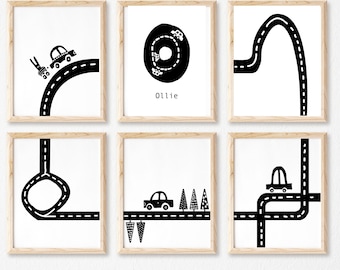 6er Set Transport Drucke in Schwarz Weiß mit Namen Druck für JungenZimmer Dekor, Transport Wandkunst DIGITAL Download