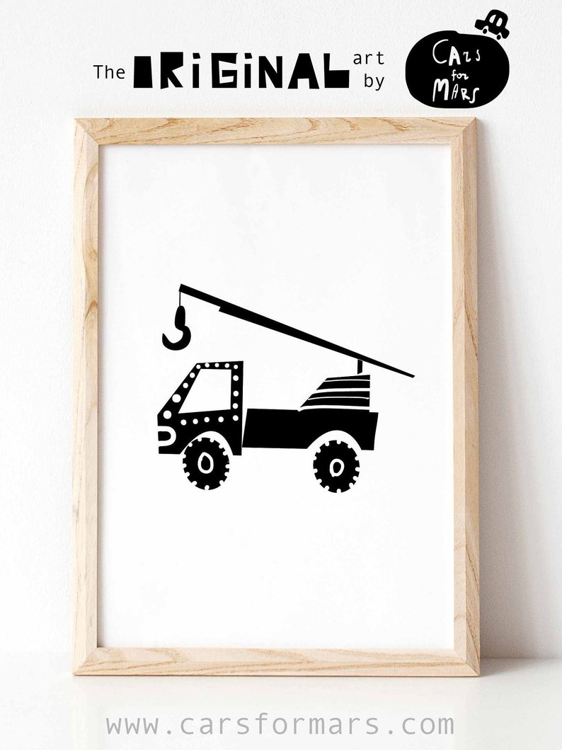 May include: Black and white illustration of a crane truck with the text "The Original art by Cars for Mars" above the truck and "www.carsformars.com" below the truck.