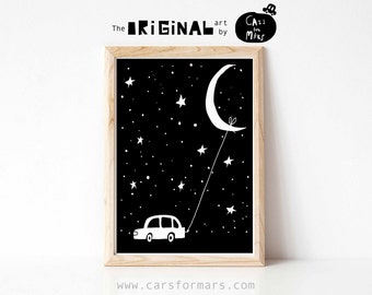 Moon wall art for kids, transportation wall art, black and white nursery print, instant download