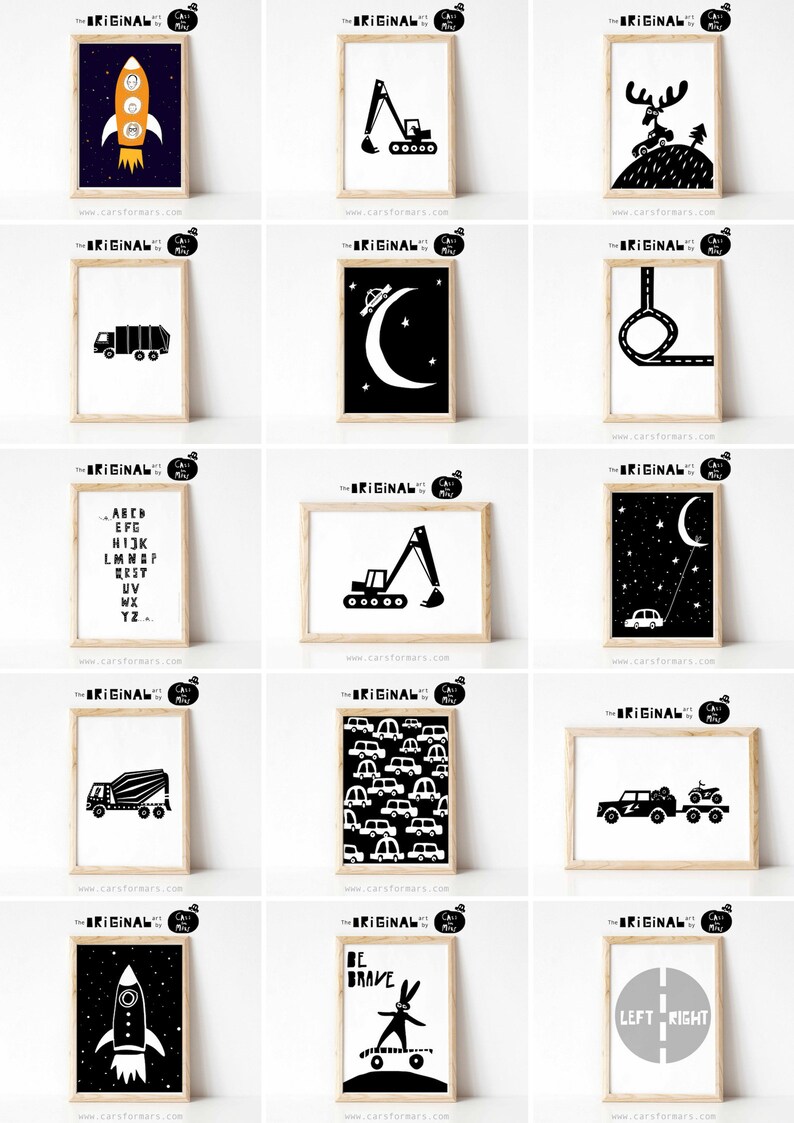 May include: A set of 12 black and white printable wall art prints featuring various illustrations of vehicles, animals, and words. The prints are framed in a light wood frame.