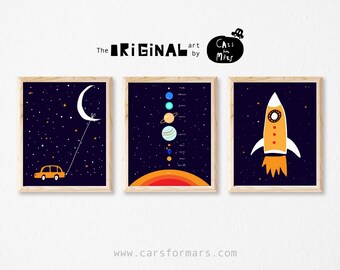 Space Themed Kinderzimmer Drucke, Kinderzimmer Dekor, Set von 3 Space Wall Art Prints, Sofortiger Download