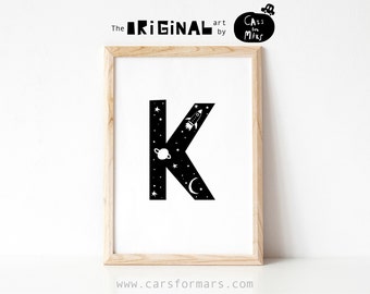 Space Themed Letter K Print Für KleinkindZimmer Dekor mit Rakete in Schwarz und Weiß, Alphabet Print ABC Poster Instant Download