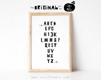 Alphabet Print, Black and White Nursery Prints, Alphabet Poster, ABC Wall Art, ABC poster, Cars Wall Art, Boy Nursery Decor