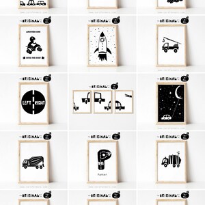 May include: A set of 12 black and white printable wall art prints featuring various illustrations of vehicles, animals, and words. The prints are framed in a simple wooden frame.
