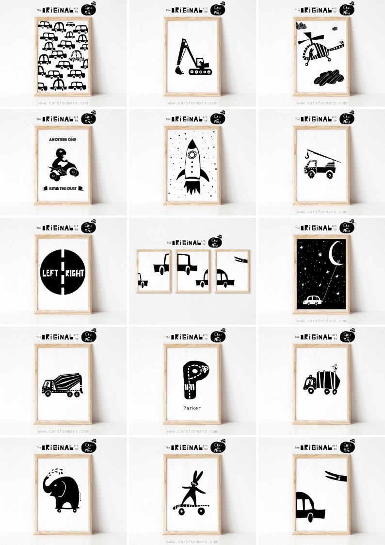 May include: A set of 12 black and white printable wall art prints featuring various illustrations of vehicles, animals, and words. The prints are framed in a simple wooden frame.