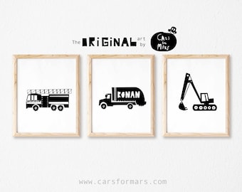 Set Of 3 Truck Prints In Black And White With A Custom Name Print For A Toddler Boy Room Decor, Transportation Wall Art Digital Download