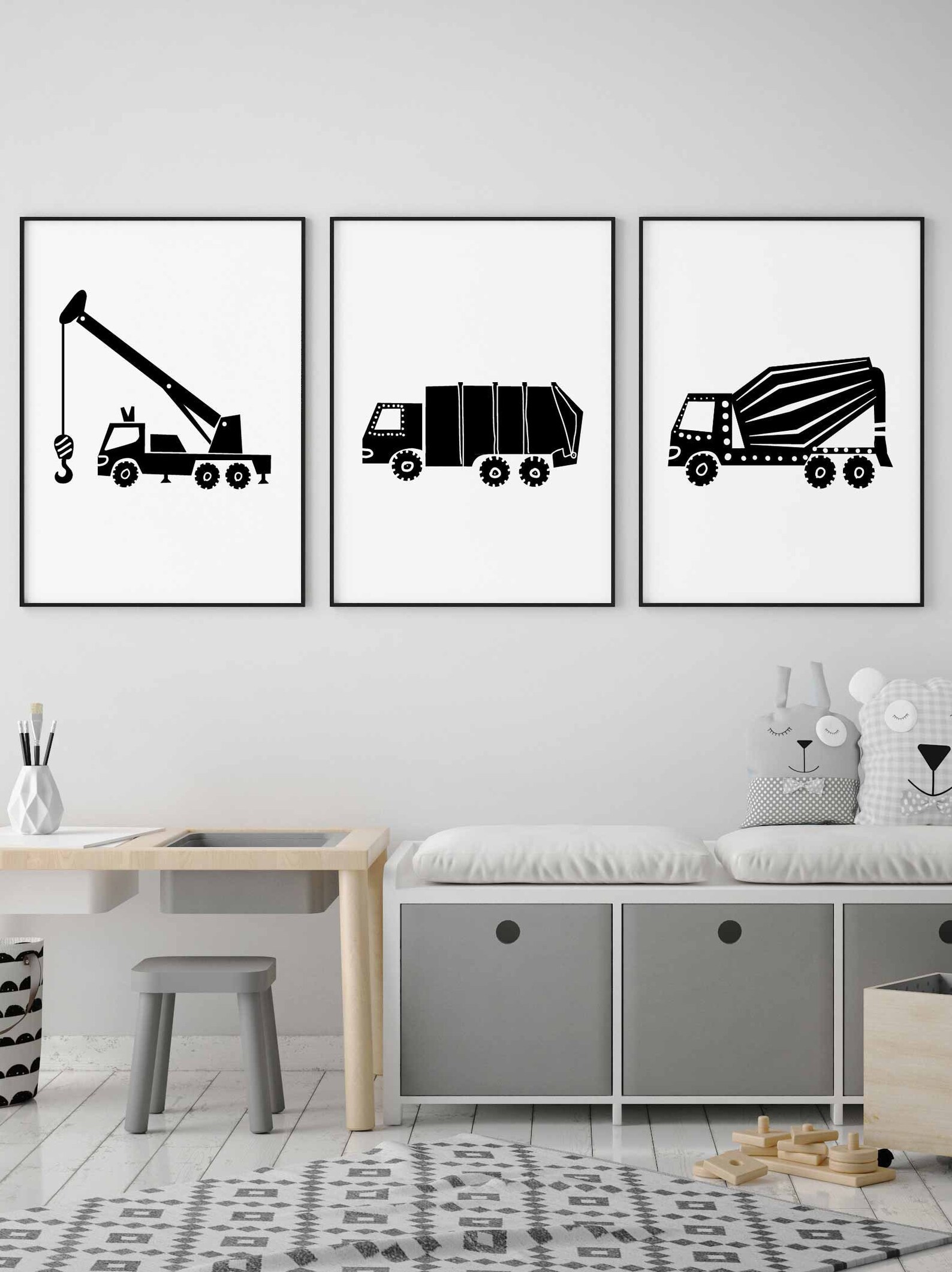 Set of 3 Construction Wall Decor in Black and White for Boy Etsy