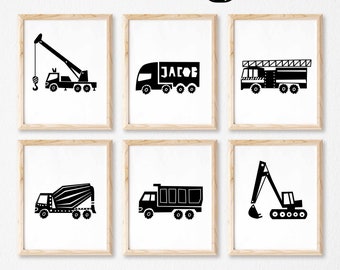 Black And White Construction Prints For Kids Room Decor, Set of 6 Transportation Wall Art, Truck Prints Digital Download