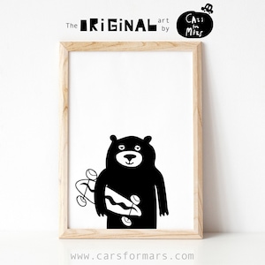 Bear Skateboard Print In Black And White For Toddler Room Decor, Instant Download