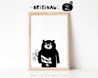 Bär Skateboard Print in schwarz weiß für KleinkindZimmer Dekor, Sofortiger Download