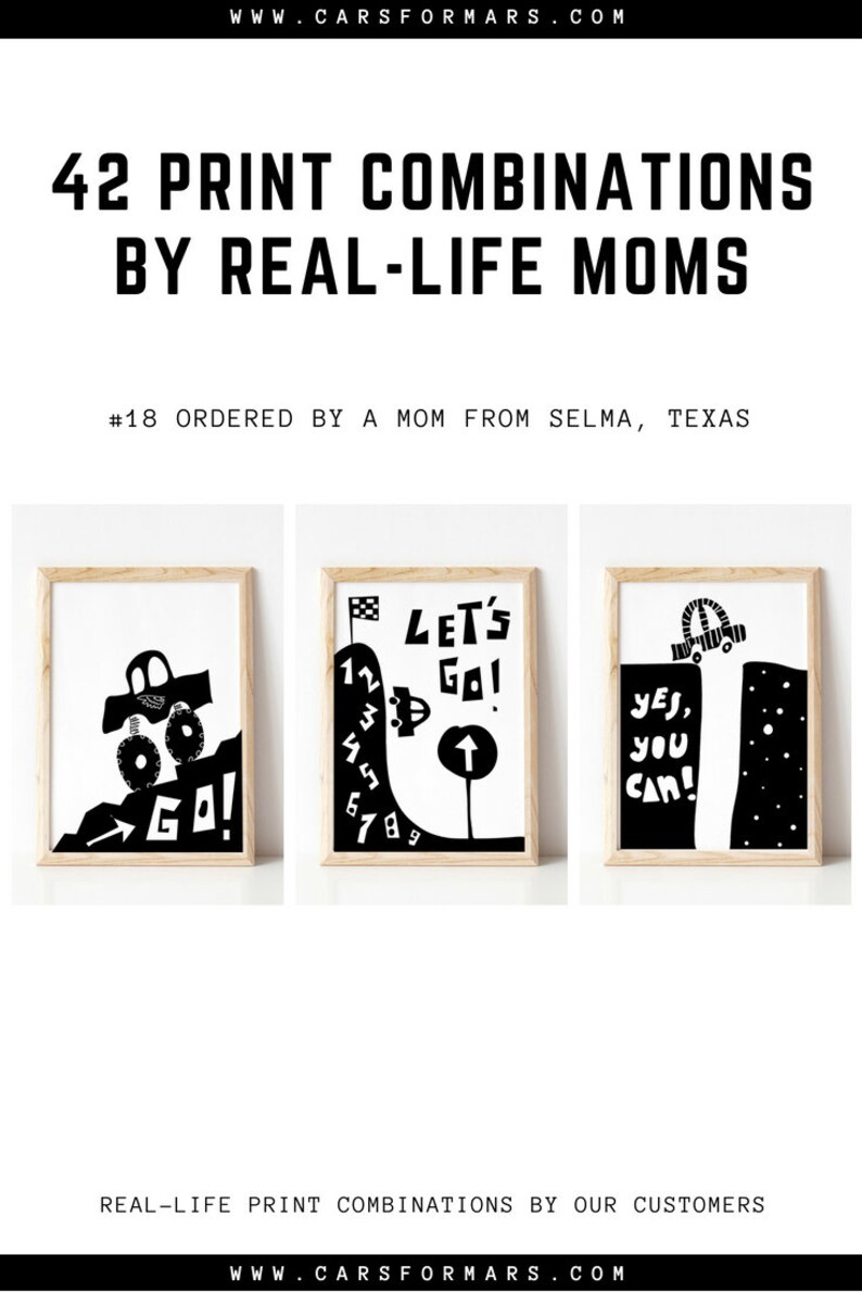 May include: Three black and white framed prints with illustrations of cars and motivational text. The first print shows a monster truck driving up a hill with the text "GO!" The second print shows a car driving up a hill with numbers 1-9 and the text "LET'S GO!" The third print shows a car driving up a cliff with the text "YES, YOU CAN!"
