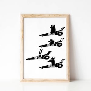 Formula 1, Black and White Nursery Prints, Boy Nursery Decor, Car Wall Art, Woodland Nursery Wall Art, Downloadable Prints