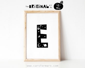 Alphabet Print Letter E For Toddler Room Decor featuring Rocket in Black and White, Space Themed Print ABC Poster Instant Download