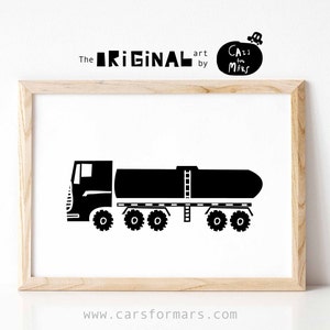 Tanker Truck Print for Toddler Boy Room Decor in Black and White, Construction Vehicles Transportation Decor Instant Download