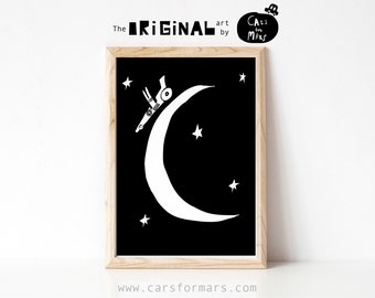 Crescent Moon Print With Formula Car in Black and White For Space Themed Toddler Boy Room Decor, Instant Download