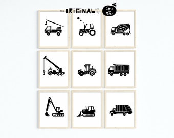 9er Set Drucke, Baufahrzeuge Wandkunst, Schwarz-Weiß Transport Drucke, Kinderzimmer Dekor, Kleinkind Druckbare Kunst