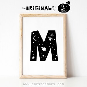 Alphabet Print Letter M For Toddler Room Decor featuring Rocket in Black and White, Space Themed Print ABC Poster Instant Download