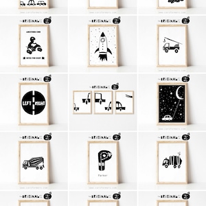 May include: A set of 12 black and white printable art prints featuring various illustrations of vehicles, animals, and words. The prints are framed in a simple wooden frame.