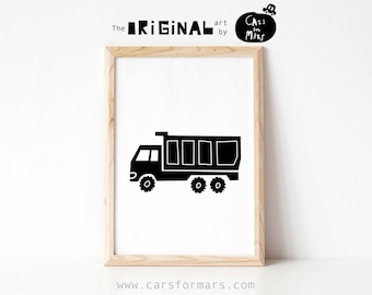 Müllwagen Druck in schwarz weiß für Kinderzimmer Deko, Konstruktion Transport WandKunst Sofort Download
