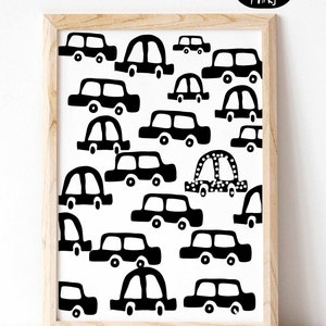 Puede incluir: Ilustraci&oacute;n en blanco y negro de una impresi&oacute;n enmarcada con el texto "The Original art by Cars for Mars" y un patr&oacute;n de coches negros sobre un fondo blanco.