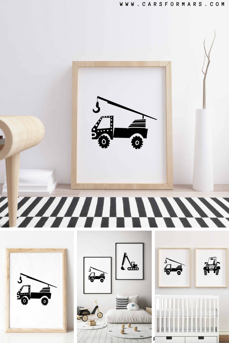 May include: Black and white printable art prints featuring illustrations of construction vehicles. The prints show a crane truck, an excavator, and a jeep. The prints are framed in simple wooden frames.