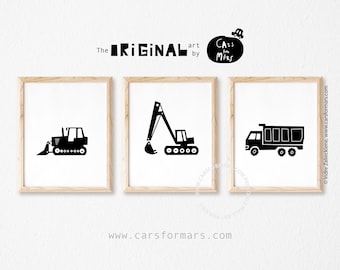 DIGITALE Konstruktionsdrucke in schwarz-weiß für Kleinkinder Junge Zimmer Dekor, Junge Transport Dekor, Mit Bagger Druck