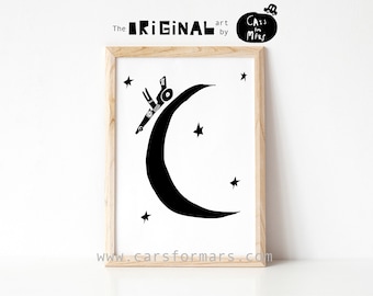 Race Car im Weltraum Print in Schwarz-Weiß Transport-Themen Kleinkind Junge Zimmer Dekor, Mond WandKunst Instant Download