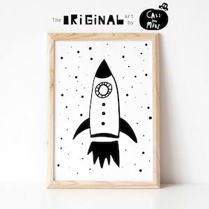 Space Print in zwart-wit met raketschip voor peuterjongen kamer decor, ruimte thema kwekerij transport wall art instant download