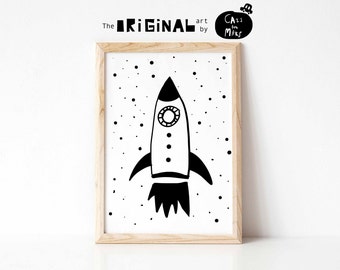 Space Print in Schwarz-Weiß mit Raketenschiff für Kleinkind Jungen Raum Dekor, Space Theme Kinderzimmer Transport WandKunst Sofort Download