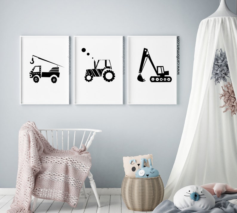 Construction Themed Set of 3 Black and White Nursery Prints Etsy