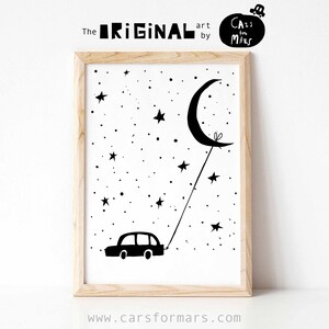 Impresión lunar en blanco y negro, descarga instantánea de arte de pared de transporte, decoración de habitaciones para niños pequeños