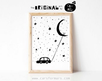 Moon print in black and white, transportation wall art instant download, toddler room decor